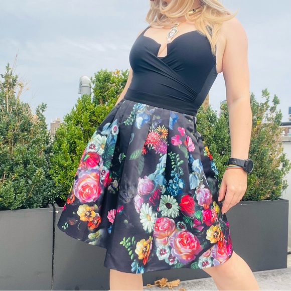 Ted Baker Black Floral Pattern Satin Tutu Tailored A-Line Skirt NWOT - Picture 12 of 16